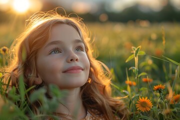 Fototapeta premium A child is lying on a grassy field looking up, with the sunset and wildflowers framing her contemplative expression
