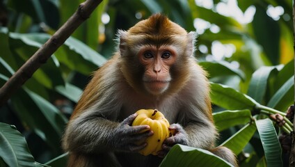 A monkey picking bananas from a tree