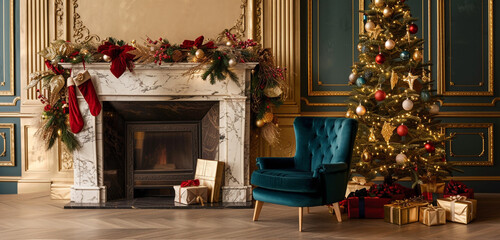 A luxurious Christmas setting with a marble fireplace, a velvet armchair, and a Christmas tree with opulent decorations and gifts, against a rich gold background