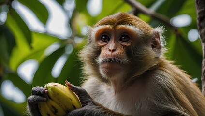 A monkey picking bananas from a tree