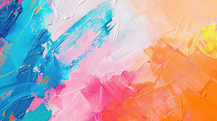 An abstract acrylic painting of pastel pink, apricot orange, lipstick pink and sky blue.
