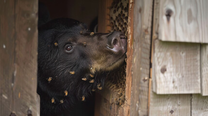 Closeup of a bear poking its head out of a wooden beehive.