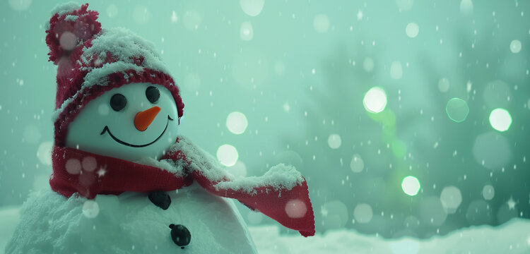 A snowman with a red scarf and cap featured in a close-up view, set against a snowy scene under a soft green aurora-like sky, with blurred bokeh lights for a magical touch and copy space