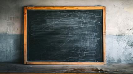 Blank chalkboard against two-tone wall.