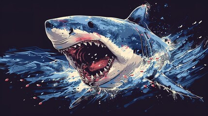 Great white shark with open mouth. Watch out sharks. Shark attack. White shark teeth. - obrazy, fototapety, plakaty