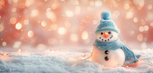 Close-up shot of a snowman adorned in a blue cap and scarf, 