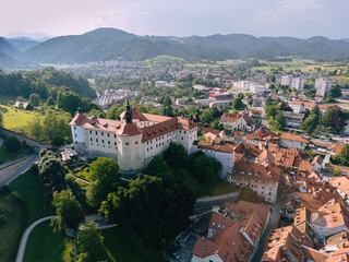 Obraz premium Skofja Loka Castle and Museum, Medieval Town, Aerial View, Slovenia