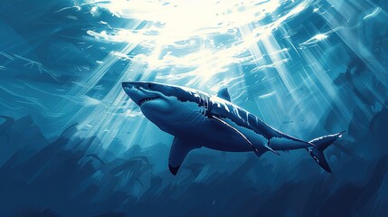 Great white shark with its main four fins swimming under sun rays in the blue Pacific Ocean
