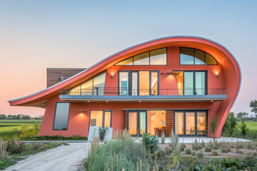 Contemporary house mimicking an eagle's wings designed for energy efficiency in a close exterior view with a background color of soft peach