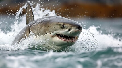 Naklejka premium A plus four meter great white shark jumping out of the water with an open mouth full of teeth