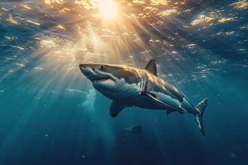 Great white shark with its main four fins swimming under sun rays in the blue Pacific Ocean - obrazy, fototapety, plakaty