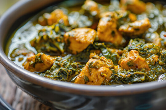 Closeup of Indian chicken spinach saag in a bowl under natural lighting.