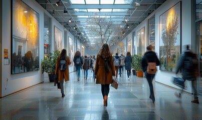 A group of pedestrians strolling through the museum building admiring the art fixtures and clean flooring, enjoying the symmetry and event in the city - obrazy, fototapety, plakaty