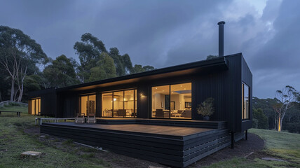 Fototapeta na wymiar Minimalist home in black with dark grey detailing presented against a deep indigo evening sky, exterior view