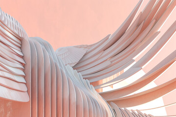 Modern architectural design resembling the outstretched wings of an eagle, in a close exterior view with a background color of pastel coral