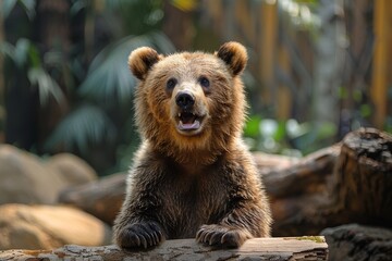 Fototapeta premium Smiling bear cub posing on a log in its natural habitat, radiating youth and curiosity