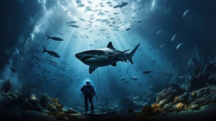 a scuba diver feed a very big tiger shark. concept of travel and diving tools. love for nature