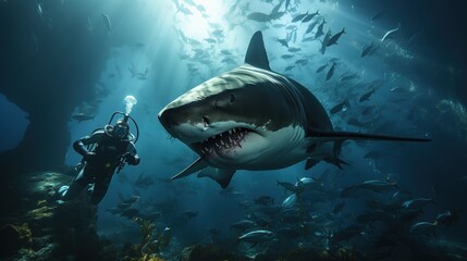 a scuba diver feed a very big tiger shark. concept of travel and diving tools. love for nature