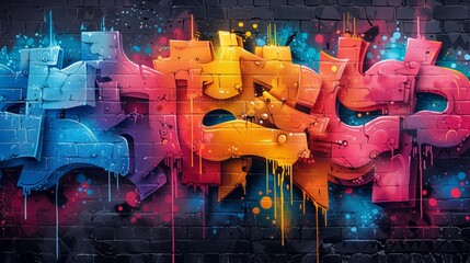 Vibrant magenta graffiti on brick wall celebrates the intersection of music, performing arts, and...