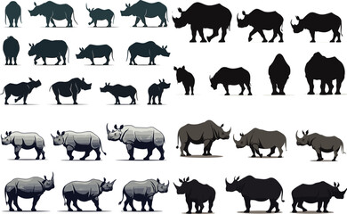 Rhino silhouette animal safari wild black vector africa set white african illustration nature wildlife zoo isolated mammal horn design