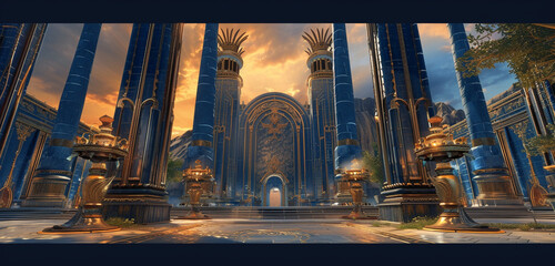 The grand entrance of the navy blue high elf palace, flanked by towering columns and intricate...