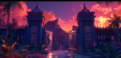 The imposing gates of a navy blue high elf sci-fi palace with detailed elven engravings standing tall in a lush oasis under a fiery red evening sky