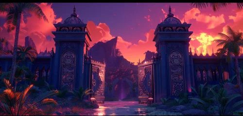 Foto op Canvas The imposing gates of a navy blue high elf sci-fi palace with detailed elven engravings standing tall in a lush oasis under a fiery red evening sky © mominita