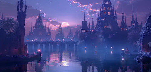The reflective waterways running through the navy blue elf palace oasis mirroring the elaborate structures under a soft lilac evening sky - obrazy, fototapety, plakaty