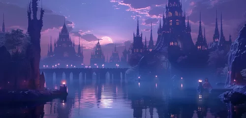 Fototapeten The reflective waterways running through the navy blue elf palace oasis mirroring the elaborate structures under a soft lilac evening sky © mominita