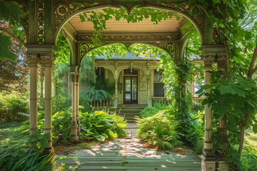 Fototapeta na wymiar The lush foliage surrounding an Italianate porch, framing the house exterior against a vibrant leaf green background