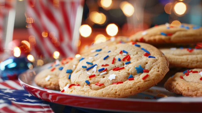 Patriotic cookies with sprinkles on a plate.