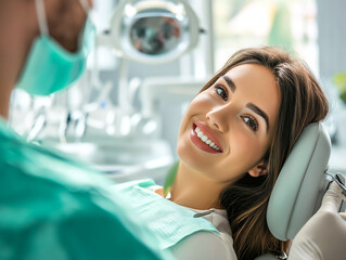 Smiling Visit to the Dentist. Woman smiles during a comfortable dental visit, showcasing a positive experience.