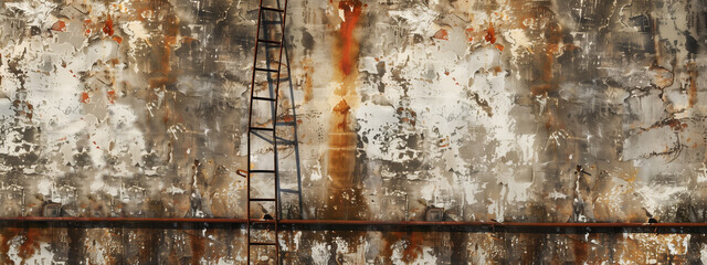 The weathered concrete wall and rusty ladder tell a story of forgotten industry, capturing the beauty found in decay - 751869920