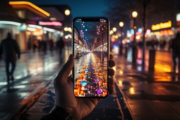A person is holding a cell phone up to a street scene, capturing the lights