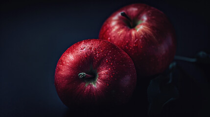 Vibrant red apples on black background.