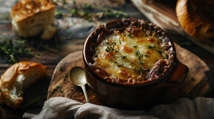 A rustic bowl of French onion soup topped with melted cheese, surrounded by crusty bread on a wooden table with a dim, cozy ambiance. - obrazy, fototapety, plakaty