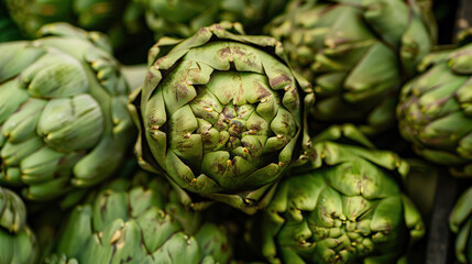 Fototapeta premium Closeup view of a bunch of bright green artichokes.