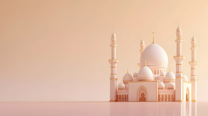 3d mosque with light brown and slight white gradations on a bright light brown background with copy space - obrazy, fototapety, plakaty