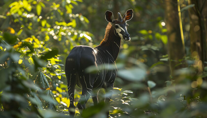 An okapi stands quietly among the greenery of a dense forest, blending into the dappled sunlight