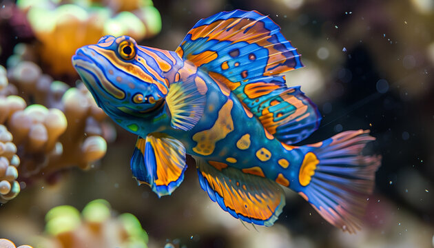 A colorful mandarinfish with striking blue and orange patterns swims in a coral-filled aquarium