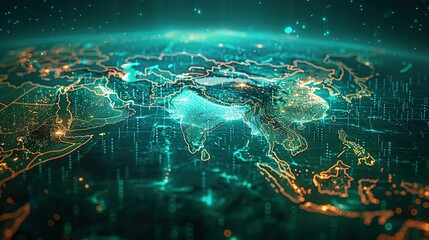 Digital map of Asia, concept of global network and connectivity, data transfer and cyber technology, business exchange, information and telecommunication - obrazy, fototapety, plakaty