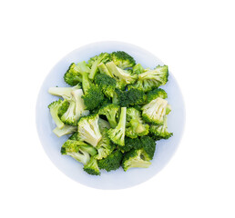 Fresh cuts of raw broccoli on white plate. A healthy choice for your fiber nutrition and vitamin supplement for your strong body. Rich minerals. Good elements for food, groceries or cooking concepts. 