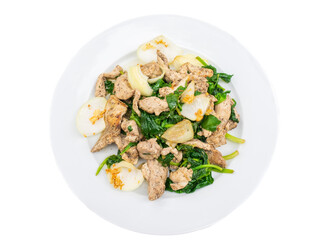 Pork loin stir fried with spinach on white background. A healthy and protein combo for your boredom with green things. Pork loin, sweet onions are sliced then stir in high fires with oil. Design idea