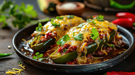 Chile Relleno with cheese and green cilantro on a dark color plate.