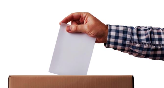 
Hand of person placing vote in checkered shirt in ballot box, transparent background, PNG format