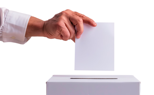 Hand placing vote in voting ballot box, transparent background, PNG format