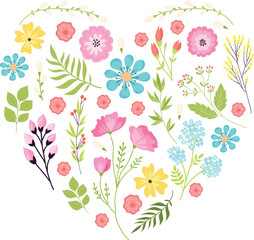 Floral heart shape colorful flowers leaves. Nature inspired design, romantic botanical arrangement. Springtime love symbol vector illustration