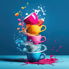 Heap of blue, purple, yellow cups, mugs with colored liquid splashes on blue background. Kitchenware, cafe advertising