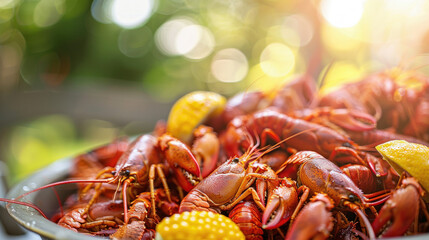 A plate full of freshly cooked crawfish with lemon wedges, bathed in sunlight.