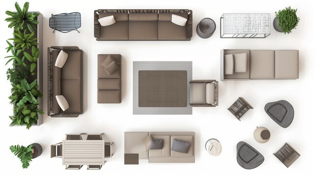 exterior furniture on top view for architecture use. garden florplan concept
